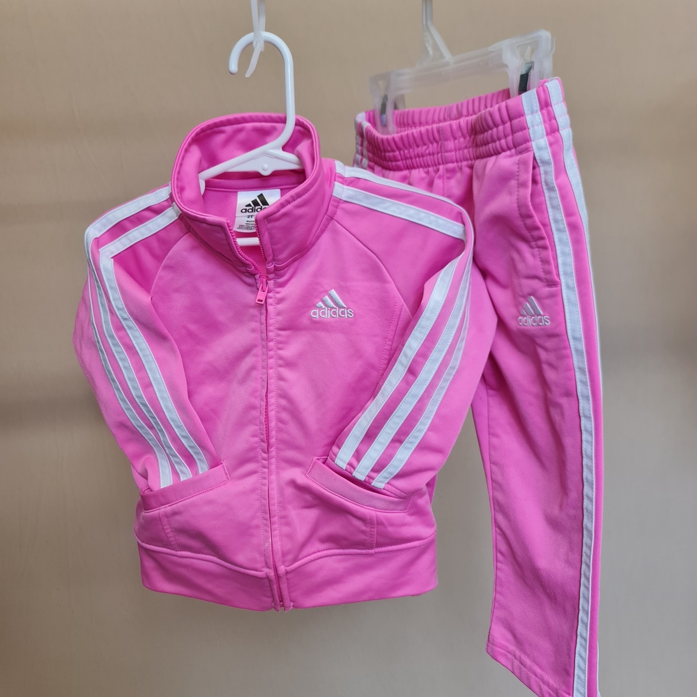 Adidas Kids Pink Tracksuit with White Stripes